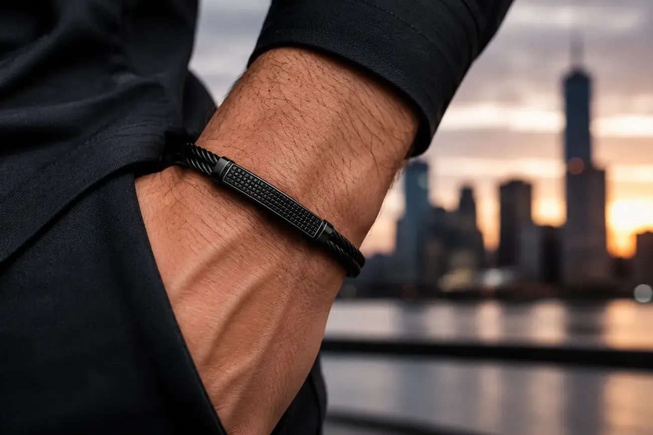 Bracelet Orbit Obsidian porté au poignet