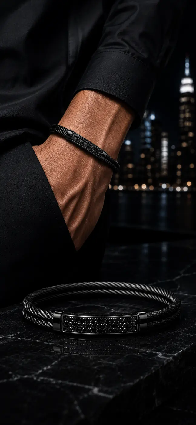 Bracelet Orbit Obsidian porté de nuit, skyline en fond