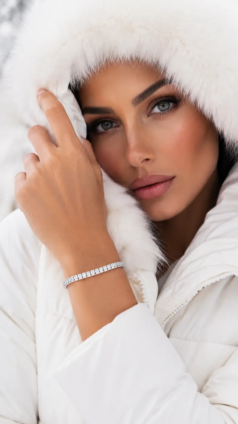 Bracelet tennis Riviera Arctic porté, ambiance hiver